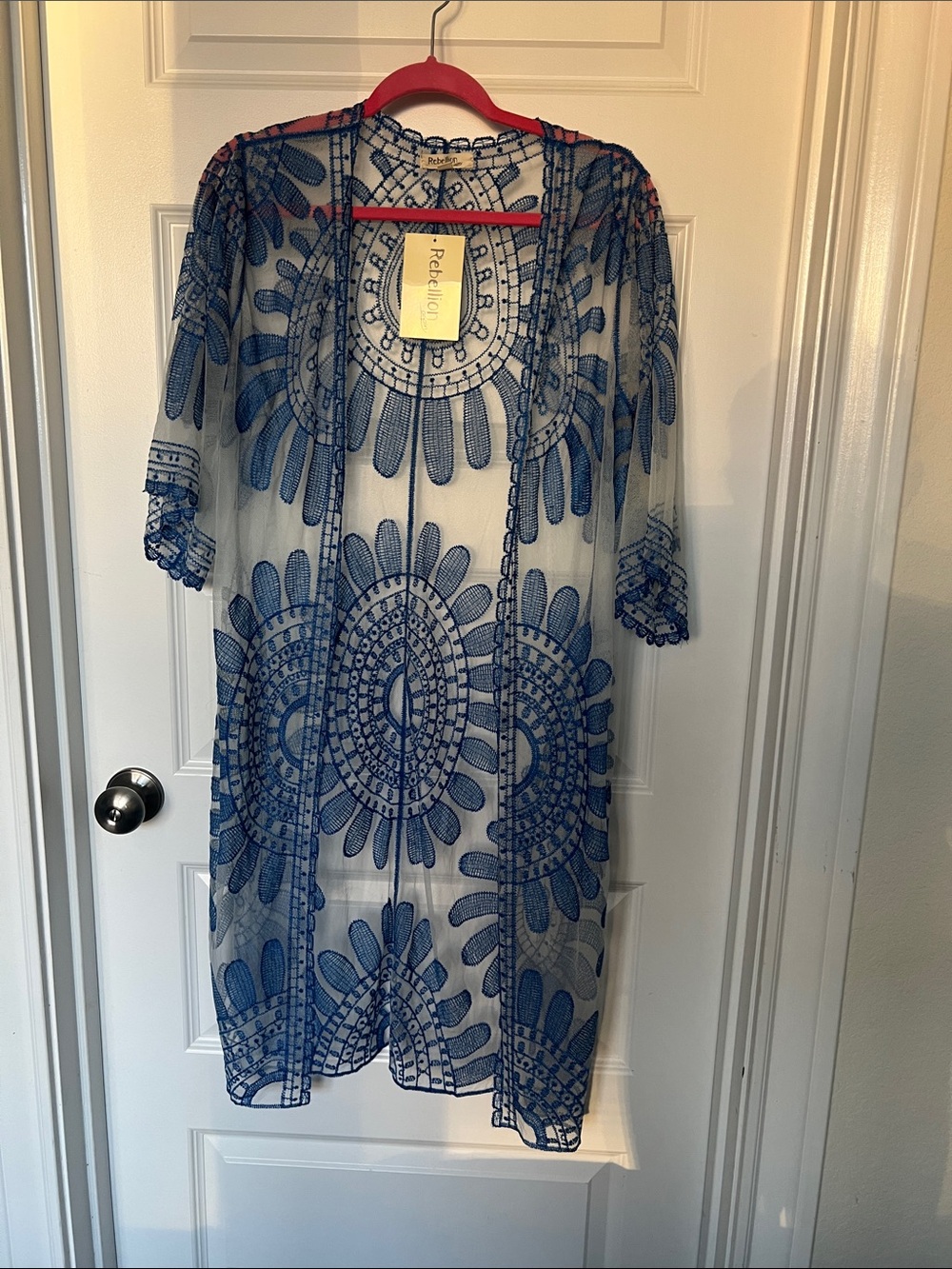 Rebellion Navy Sheer Embroidered Open Kimono